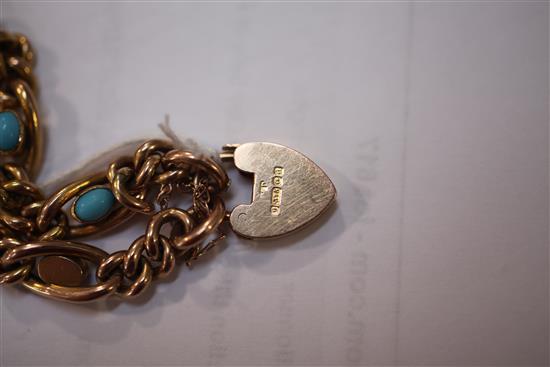 An Edwardian 9ct gold and turquoise curb link bracelet, gross 14 grams.